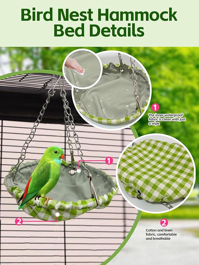 Waterproof Bird Nest for Cage, Hanging Birds Hammock with Adjustable Chain, Bird Cage Swing for Parakeets Bird Sleeping Hut for Budgies Lovebirds Quaker (Green)