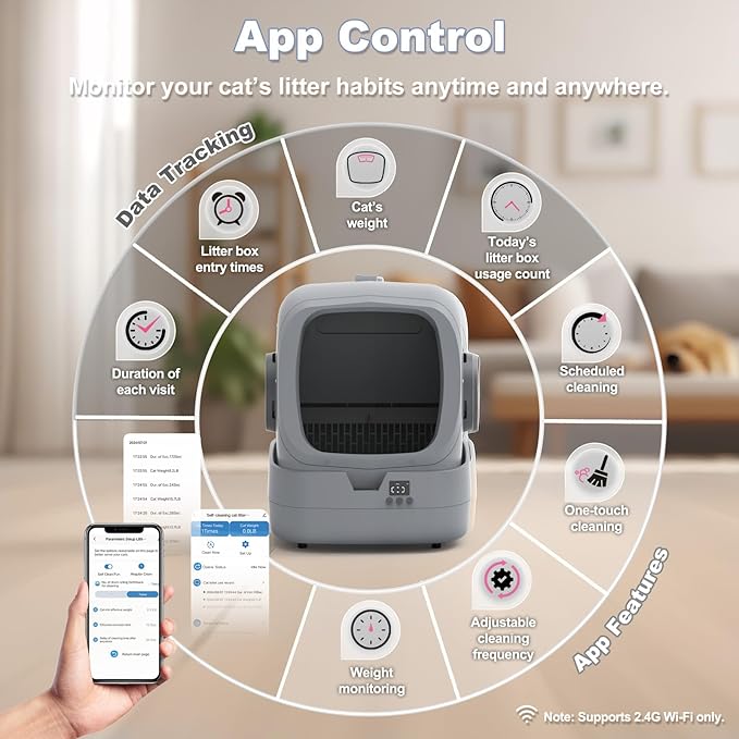 Automatic Cat Litter Box Self Cleaning - APP Control - Weight Monitoring - Ultra-Quiet, Medium Cats and Kittens Litter Box, Safe Anti-Pinch【Assembly Required】- Grey