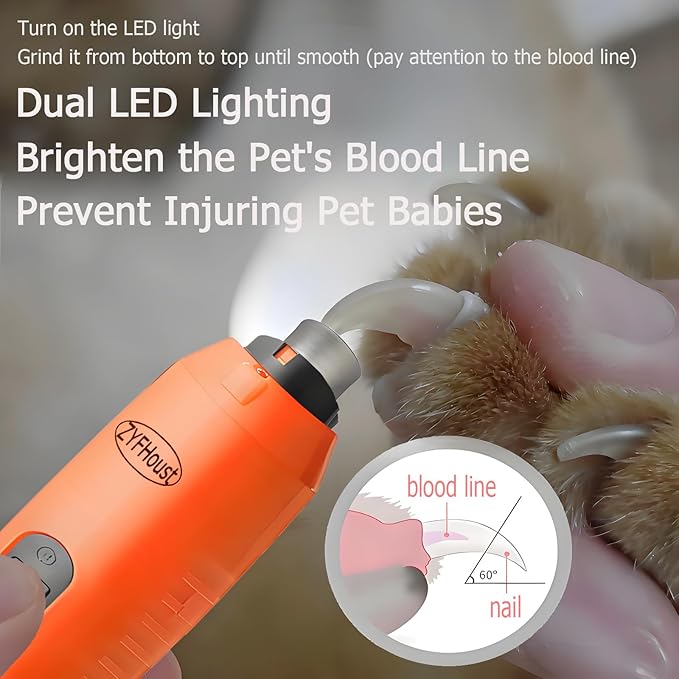 Dog Nail Trimmers, 5-Speed Professional Quiet Electric Dog Nail Grinder with 2 LED Lights, 2 Grinding Wheels, Type-C Rechargeable for Medium Small Large Dogs and Cat (Orange)