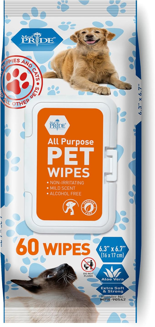 MED PRIDE Pet Wipes for Dogs & Cats [Pack of 60]- Hypoallergenic Cleaning Deodorizing Dog Wipes with Aloe Vera- Alcohol and Paraben-Free Pet Wipes- Extra Soft Cat Bathing Wipes for Fur