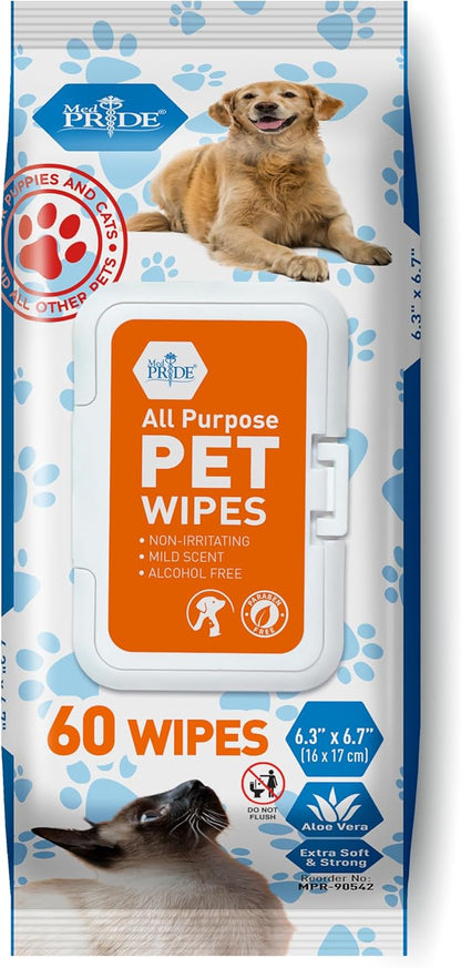 MED PRIDE Pet Wipes for Dogs & Cats [Pack of 60]- Hypoallergenic Cleaning Deodorizing Dog Wipes with Aloe Vera- Alcohol and Paraben-Free Pet Wipes- Extra Soft Cat Bathing Wipes for Fur