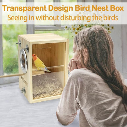 BNOSDM Parakeet Nesting Box Transparent Bird Breeding Nest Boxes Natural Wood Bird Cage (S)