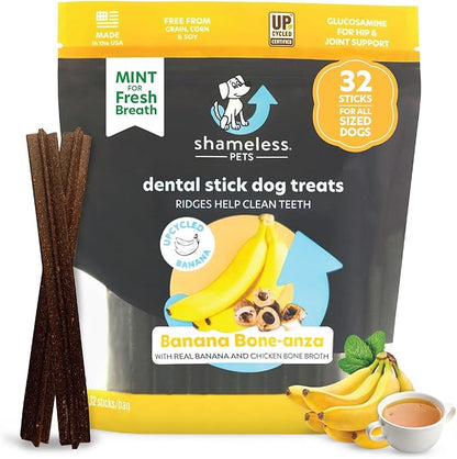 Shameless Pets Dental Treats for Dogs, Banana Bone-Anza (32 Sticks) - Dental Sticks with Hip & Joint Support for Teeth Cleaning & Fresh Breath - Dog Bones Dental Chews Free from Grain, Corn & Soy