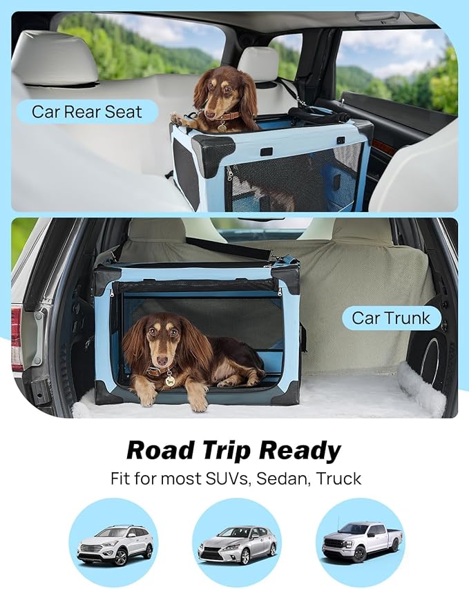 JOYTUTUS Collapsible Dog Crate, 20 Inch Portable Pet Crate for Car, Travel Foldable Crate for Puppy/Small Dog 18 lbs, Soft Cat Carrier Fit for Indoor & Outdoor/Car Back Seat/Trunk (Blue)