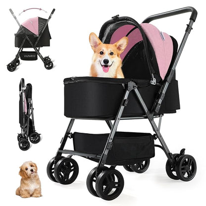 SWITTE Dog Stroller for Small Medium Dogs, Foldable Cat Pet Stroller with Reversible Handlebar, 4 Universal Wheels, Portable Puppy Dog Jogging Stroller with Waterproof Pad, Pink