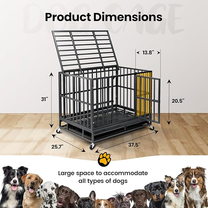 38 inch Heavy Duty Indestructible Dog Crate,2025 New Upgraded Reinforced Baseplate for Large Dogs,XL Dog Kennel Indoor for High Anxiety Dogs/Max Load Capacity 200lbs/Double Door with Wheels