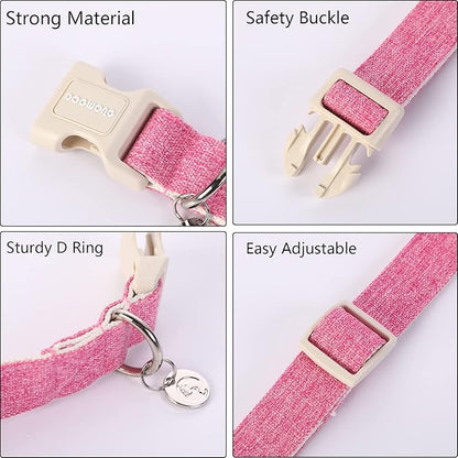 DOGWONG Cotton Hemp Dog Collar - Heavy-Duty Pink Adjustable Soft Natural Fabric Pet Collar, Cute Wedding Puppy Necklace for Small Medium Large Dogs