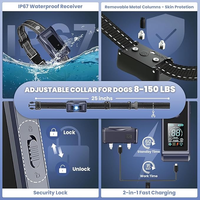 Dog Shock Collar, 4300FT Waterproof Dog Training Collar with Remote for 5-150lbs Small Medium Large Dogs, Rechargeable E Collar with Beep (1-8), Vibration(1-16), Safe Shock(1-99),Shock Collar for Dogs