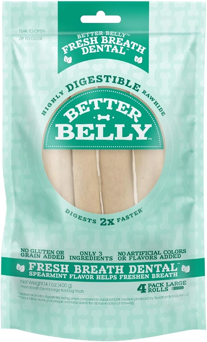 Better Belly Highly Digestible Rawhide Dental Chews, Treat Your Dog to a Chew with NO Artificial Colors or Flavors