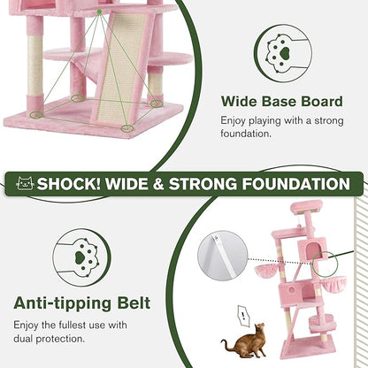 MUTICOR 66 Inches Multi-Level Large Cat Tree Tower for Indoor Big Feline/Cozy Plush Perches/Condo/Sisal Scratching Posts/Hammock and Baskets/Activity Center Play House/Wide Base/Pink