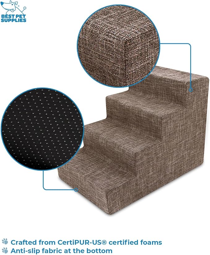 Best Pet Supplies Dog Stairs for Small Dogs & Cats, Foam Pet Steps Portable Ramp for Couch Sofa and High Bed Non-Slip Balanced Indoor Step Support, Paw Safe No Assembly - Brown Linen, 4-Step