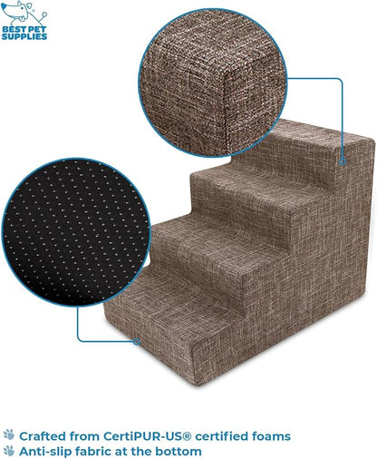 Best Pet Supplies Dog Stairs for Small Dogs & Cats, Foam Pet Steps Portable Ramp for Couch Sofa and High Bed Non-Slip Balanced Indoor Step Support, Paw Safe No Assembly - Brown Linen, 4-Step