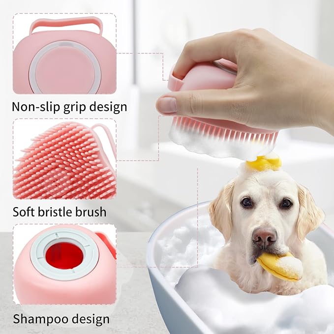 WishLotus Pet Bath Brush, Soft Silicone Cat Grooming Brush Dog Bath Massage Brush Shampoo Dispenser Heart-Shaped Multifunctional Bath Brush for Pet Bath Shower Accessories (Heart-Pink)
