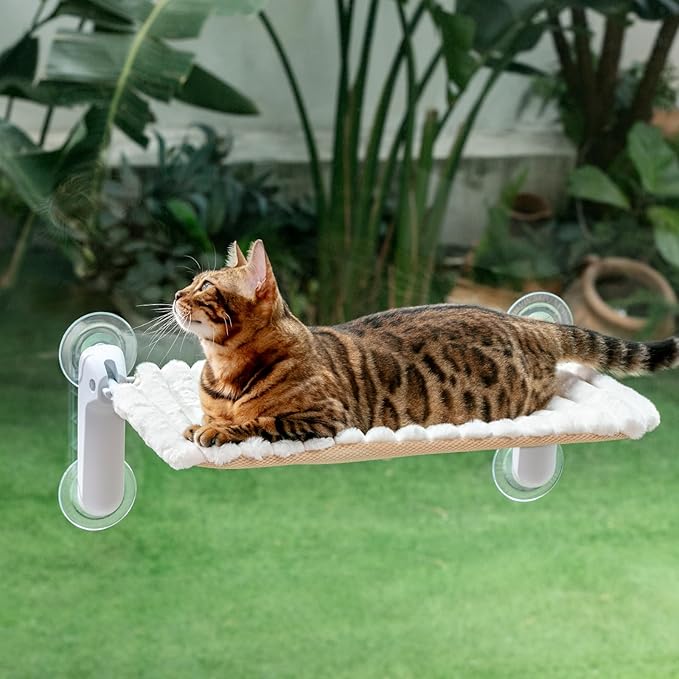 Sunhoo Cat Window Perch Hammock Foldable Kitten Bed Windowsill Seat with Suction Cup for Large Indoor Cats Inside Kitty Window Sill Ledge Shelf Hold Up to 40lbs Machine Washable 21.26*11.8in(White, M)