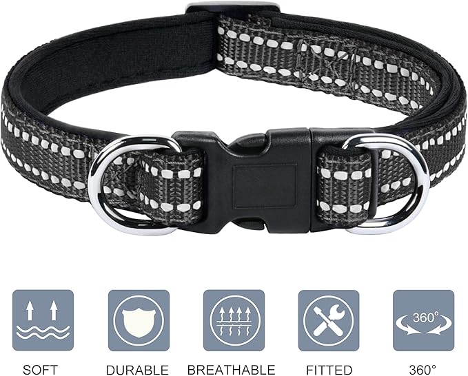 AUAUY Reflective Nylon Dog Collars, Adjustable Classic Pet Collars with Soft Neoprene Padding, Double Security Dual D-Ring and Quick Release Buckle for Small Puppy, Medium and Large Dogs (Black-S)
