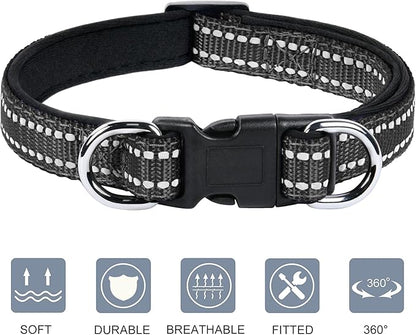 AUAUY Reflective Nylon Dog Collars, Adjustable Classic Pet Collars with Soft Neoprene Padding, Double Security Dual D-Ring and Quick Release Buckle for Small Puppy, Medium and Large Dogs (Black-S)