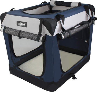 EliteField 4-Door Folding Soft Dog Crate with Curtains, Carrying Bag and Fleece Bed (2 Year Warranty), Indoor & Outdoor Pet Home (42" L x 28" W x 32" H, Navy Blue+Gray)