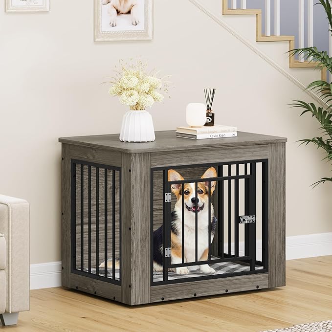 YITAHOME 32.5" L Dog Crate Furniture for Medium Dogs, 2-in-1 Iron-Wood Fusion Dog cage Indoor up to 40 lb, Side End Table, Modern Dogs Kennel with Waterproof Top, Safety Corners,Steel Lock,Grey