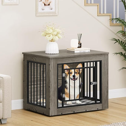 YITAHOME 32.5" L Dog Crate Furniture for Medium Dogs, 2-in-1 Iron-Wood Fusion Dog cage Indoor up to 40 lb, Side End Table, Modern Dogs Kennel with Waterproof Top, Safety Corners,Steel Lock,Grey