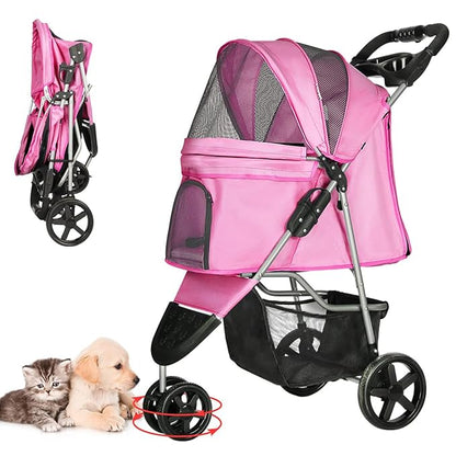 Dog Stroller for Small Dogs, Portable Pet Stroller for Cats Folding Puppy Stroller Lightweight Dog Cat Cage Jogger Stroller with Storage Basket and Cup Holder, 3 Wheels, Pink