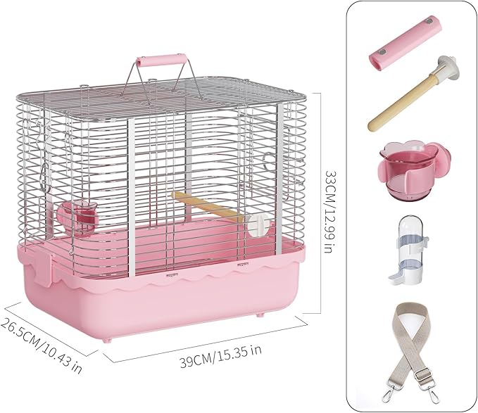 Bird Carrier Travel Cage, Durable Portable Stainless Steel Birdcage with Bird Perch & Feeding Bowl for Parrots Canaries Budgies Lovebirds Conures Cockatiels (Large Pink)