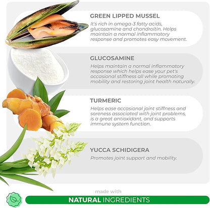 Hip and Joint Supplement for Dogs - with Glucosamine, Green Lipped Mussel, Turmeric, Chondroitin, Fish Oil, MSM and Yucca Schidigera for Dog Joint Relief & Mobility.