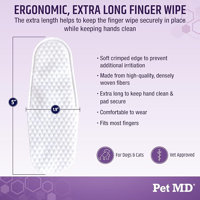 Pet MD Tris Ear Finger Wipes for Dogs & Cats - Multipurpose Cleansing Solution Cat Ear Wipes & Puppy Ear Cleaner - Pet Safe Cleaner to Clean and Remove Debris - 50ct