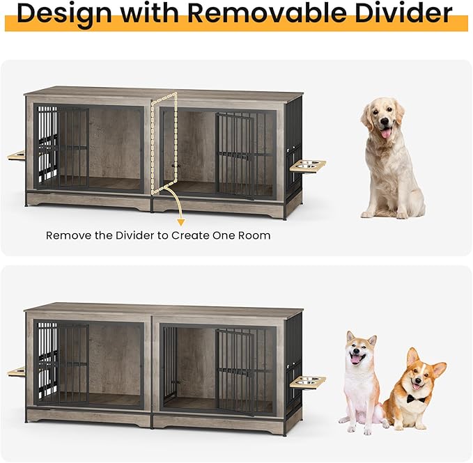 78'' Double Dog Crate Furniture, XL Double Dog Kennel with 360° Rotating and Adjustable Height Dog Bowl Holder (4 Bowls), Grey Furniture Kennel with Divider for Small Medium Large Dogs