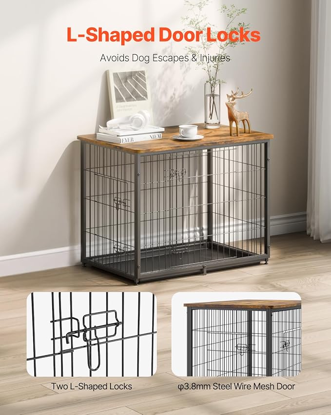 VEVOR 33" Dog Crate Furniture, Dog Kennel Furniture with Double Doors, 2-in-1 Decorative Wooden Dog Crate with Removable Tray, Dog Crate End Table Hold up to 45 lbs for Small, Medium Dogs Brown
