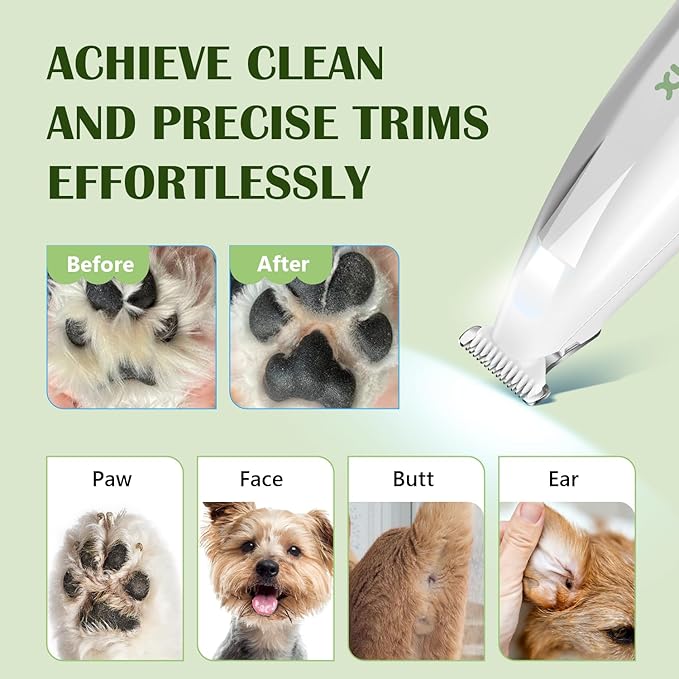 Dog Paw Trimmer with LED Light, Low Noise Hair Trimmer for Dogs Type-C Rechargeable Grooming Kit Dog Grooming Clippers for Paws, Eyes, Ears, Face, Rump