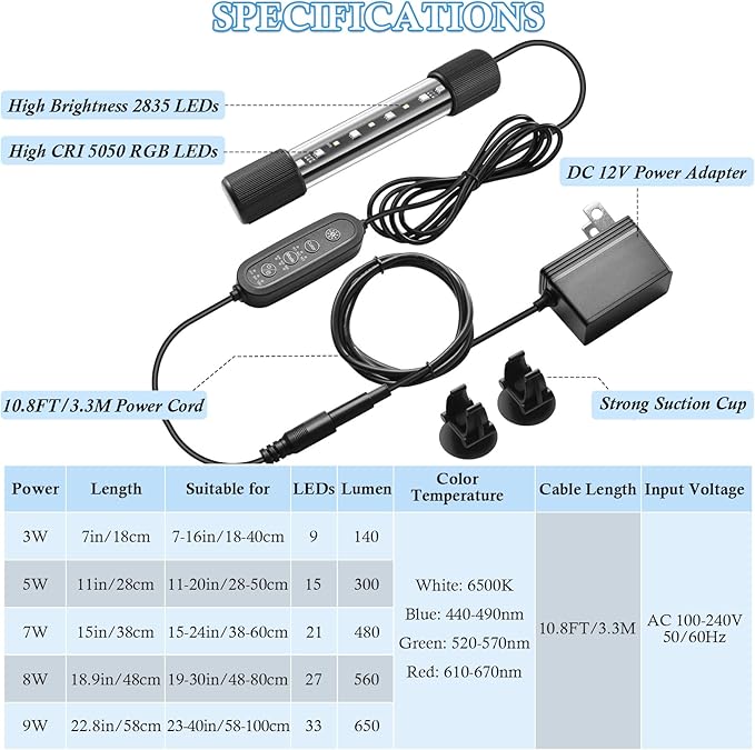 FEDOUR 7in Submersible Aquarium LED Light, 24/7 Aquarium Lights with Full Spectrum RGBW LEDs, IP68 Waterproof Fish Tank Light with Dimming, Timming and Color Adjustable
