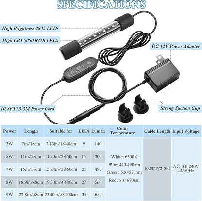 FEDOUR 7in Submersible Aquarium LED Light, 24/7 Aquarium Lights with Full Spectrum RGBW LEDs, IP68 Waterproof Fish Tank Light with Dimming, Timming and Color Adjustable