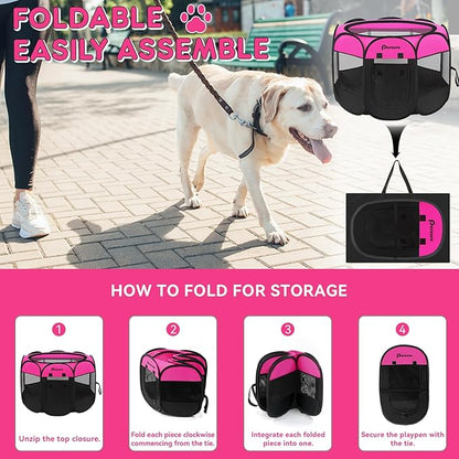 Dog Cat Playpen Indoor Outdoor for Puppy Pet Dog Cat Travel, Dog Enclosure Tent Crates Cage for Recovery After Surgery, Portable Pop Up Dog Kennel with Carrying Case (Rosy, Small)