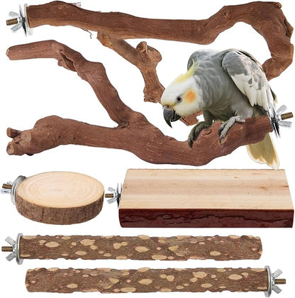 Parrot Perch Bird Perch Stand Set Natural Wild Wood Grape Sticks Paw Grinding Fork Parakeet Climbing Standing Branches Toys Cage Accessories for Conure,Cockatiels Lovebirds,Budgies Chewable 6PC