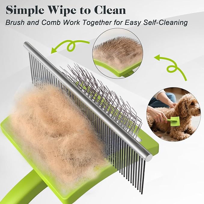 2PCS Slicker Brush for Dogs & Pet Comb,Professional Dog Grooming Brush (Goldendoodles,Poodles,Labradoodles) with Extra Long Pins to Effectively Remove Tangles, Knots and Mats (Green Large)