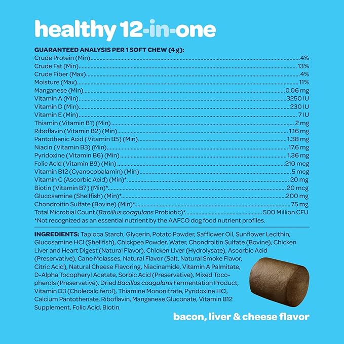 12-in-1 Complete Multivitamin for Dogs | Dog Multivitamin Chewable with Glucosamine Chondroitin & Digestive Probiotics for Dogs of All Ages and Sizes | NASC Certified & Made in The USA | 60 Chews