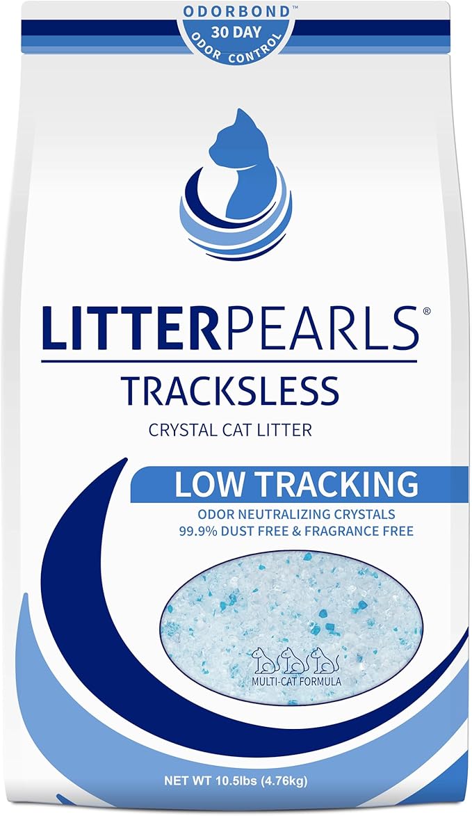 Litter Pearls Tracksless Unscented Non-Clumping Crystal Cat Litter with Odorbond, 10.5 lb,White, Clear and Blue Crystals,635426