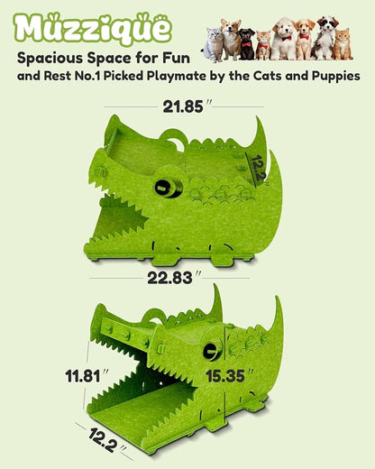 Cat House, Muzzique Cute Crocodile Felt Pet Nest, for Indoor Cats & Small Dogs, Removable Washable Kitten Playhouse, Large Peekaboo Kitty Cave, Enclosed Puppy Bed, Scratch/Sleep Dog Cube Furniture