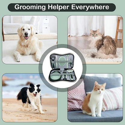 8 Pcs Pet Grooming Kit, Cat Dog Brush, Nail Clipper, Deshedding Brush, Undercoat Rake, Pet Shampoo Bath Brush, Toothbrush, Collapsible Bowl