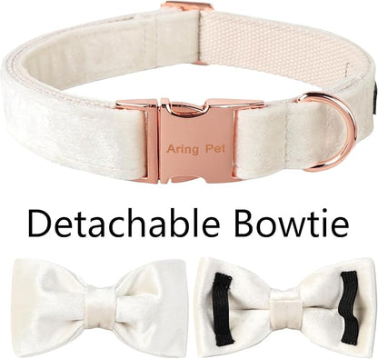 ARING PET Bowtie Dog Collar-Velvet Dog Collars with Detachable Bowtie, White Wedding Soft Dog Collar,X-Large.