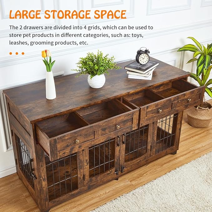 Dog Crate Furniture with 5 Doors, 58" Wooden Dog Kennel End Table with Large Capacity Drawers, Dog House with Openable Divider for Small/Medium/Large Dog,Dog Cage,Side End Table (Rustic Brown)