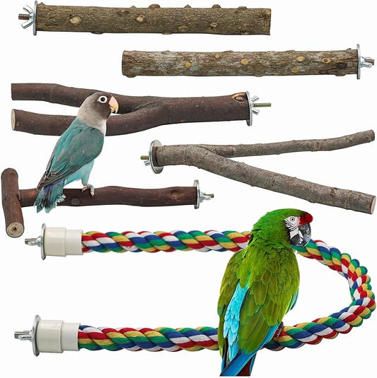 Bird Perch 5PCS Natural Wood Stand Parrot Toy and 1PC Bird Rope Perches for Parrots, Cockatiels, Parakeets, Budgie,Finches