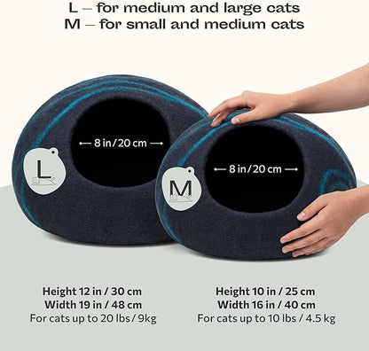 MEOWFIA Cat Cave  Premium Felt Cat Bed for Indoor Cats, Handmade 100% Merino Wool (Large, Black Aqua)