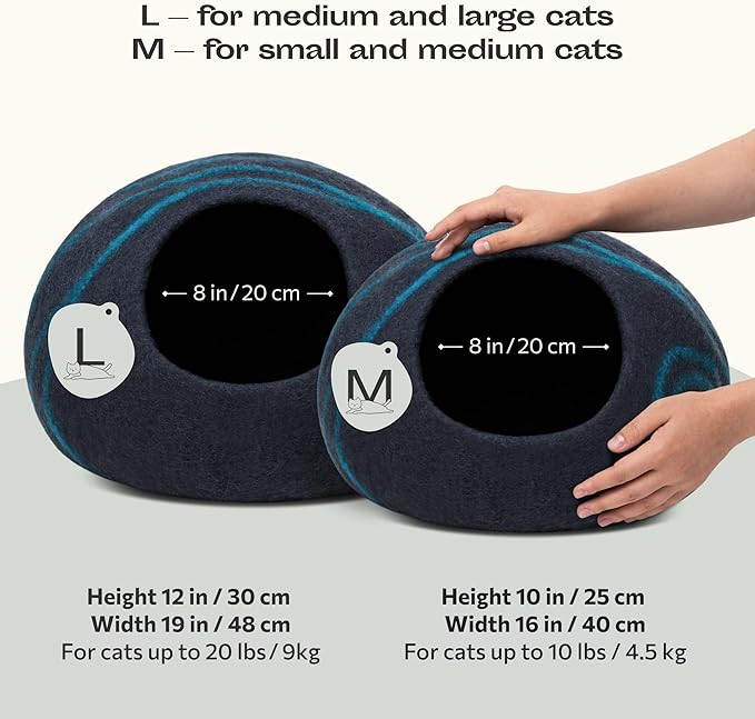 MEOWFIA Cat Cave  Premium Felt Cat Bed for Indoor Cats, Handmade 100% Merino Wool (Medium, Black Aqua)