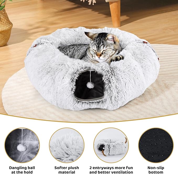 Odoland Cat Tunnel Bed with 20 Cat Toys - Indoor Plush Kitten Couch,Detachable Cats Cave Donut Tunnel & Soft Kitten Toy Set-Cozy Cat Furniture Grey