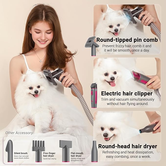 Dog Grooming Kit, Dog Grooming Vacuum, 13000Pa Upgrade Strong Pet Grooming Vacuum for Pets, Scalable Dust Cup, Low Noise, 10 Tools Shedding Grooming for Pet Hair (Rose red)