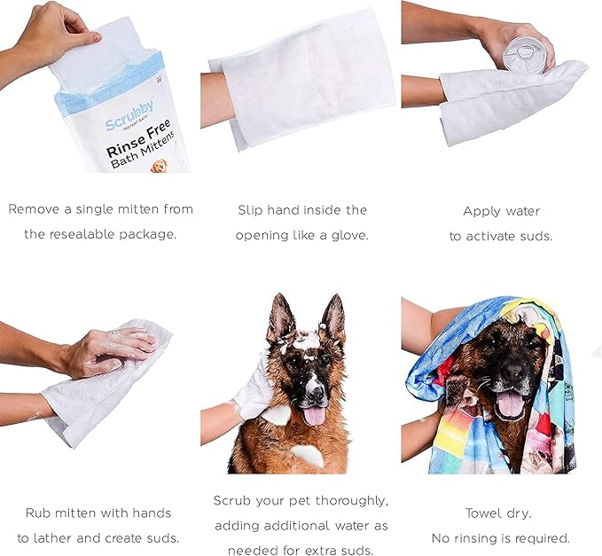 No Rinse Pet Wipes, Rinse Free Shampoo Mittens for Dogs and Cats, Bath Wipes for Bathing and Washing Pets, Hypoallergenic No Rinse Wash Mitt for Grooming, Lather Wipe Dry - 20 Pack