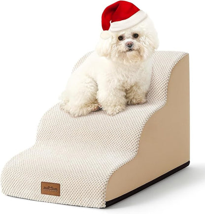 Dog Stairs for Small Dogs, Curved Pet Step with Leakproof Cover, High Density Foam Cat Ramp for Bed or Sofa, Lightweight, Durable, Comfort, 15.7x22.4x15.7 inch, 3 Tiers, Beige