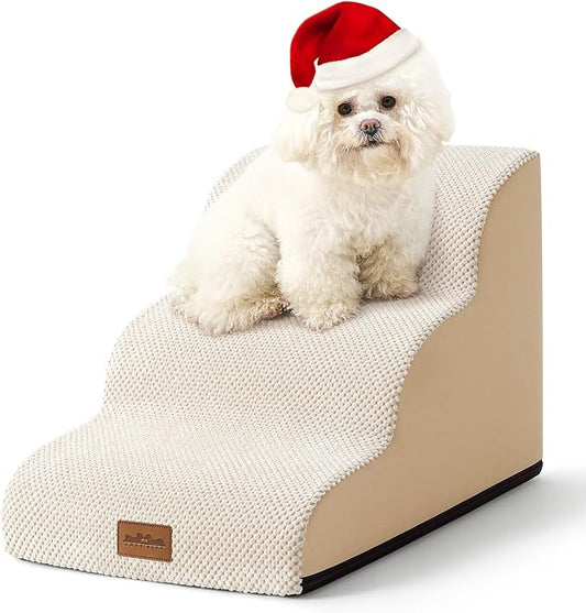 Dog Stairs for Small Dogs, Curved Pet Step with Leakproof Cover, High Density Foam Cat Ramp for Bed or Sofa, Lightweight, Durable, Comfort, 15.7x22.4x15.7 inch, 3 Tiers, Beige