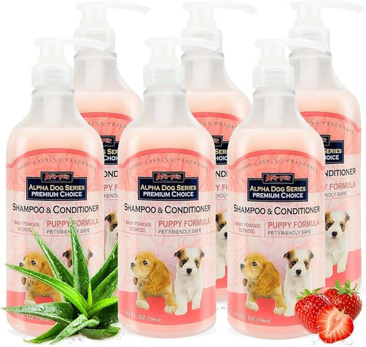 Alpha Dog Series Natural Puppy Shampoo and Conditioner Tear Free with Aloe Vera, pH-Balanced Shampoo for Puppies, Tearless Dog Shampoo and Conditioner, Puppy Wash Sensitive Skin 26.4 Oz (6 Pack)